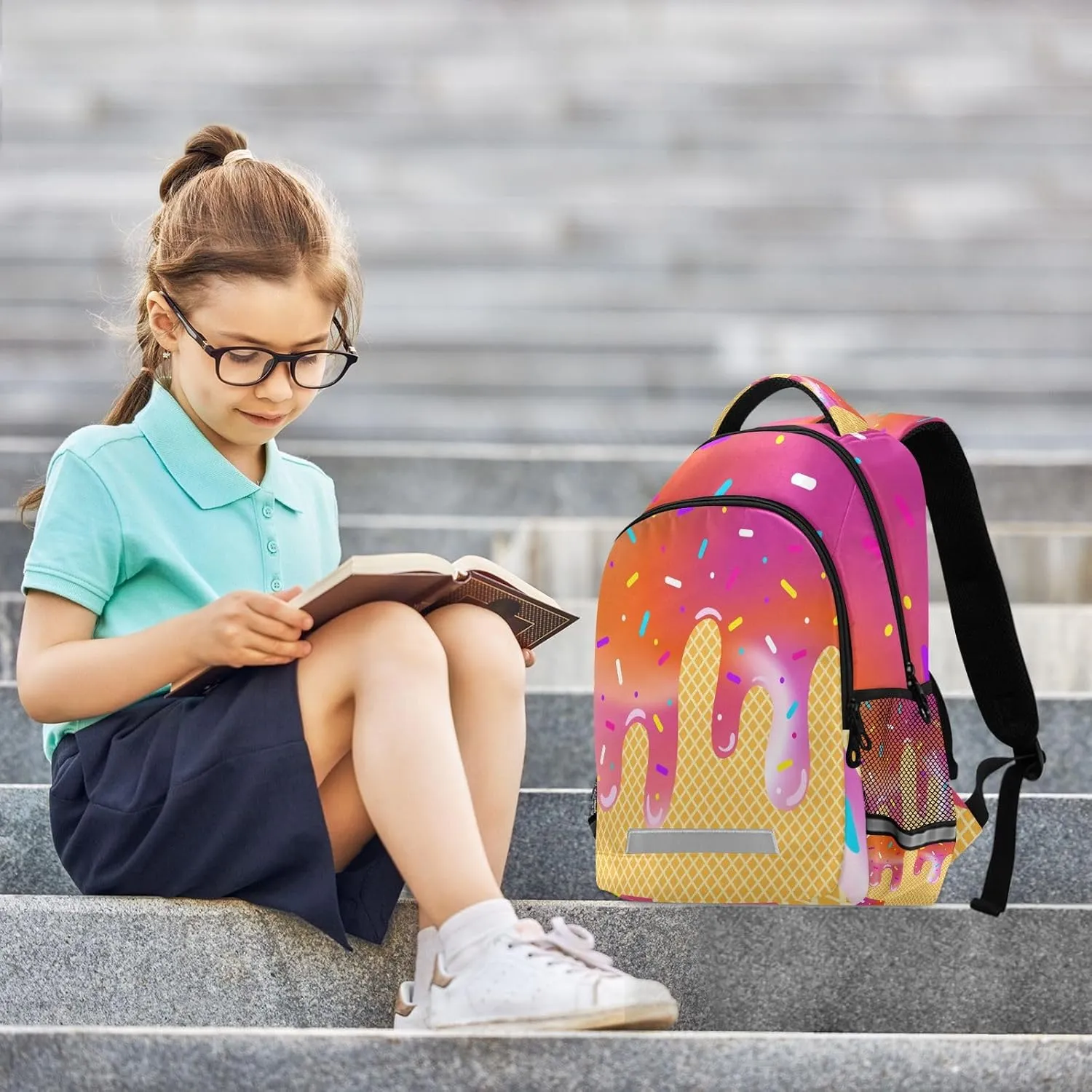 Beautiful Gradient Ice Cream Backpacks with Chest Strap,Lightweight Bookbags 17 Inch, Casual Daypack Bags