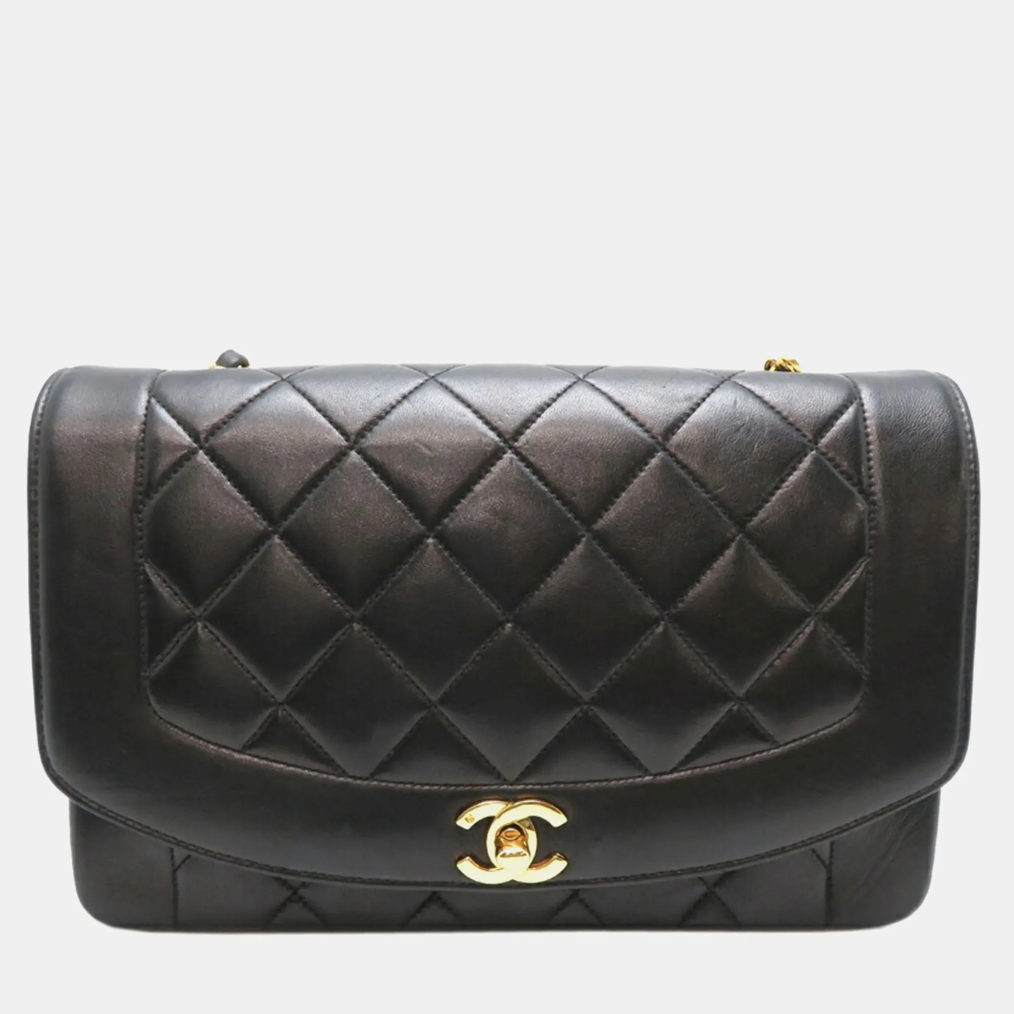 Black Leather Quilted Vintage Diana Flap Shoulder Bag