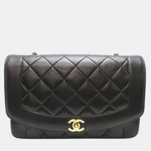 Black Leather Quilted Vintage Diana Flap Shoulder Bag