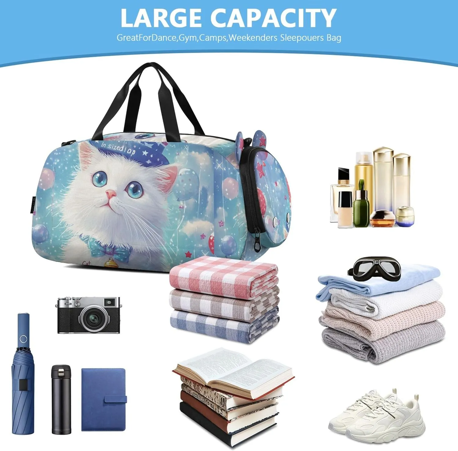 Carry on Duffel Bag for Boys Toddler Weekender Bags Girls Tote Duffle Bags Travel Gym Kids Luggage Patriotic Cat USA Hat Balloons