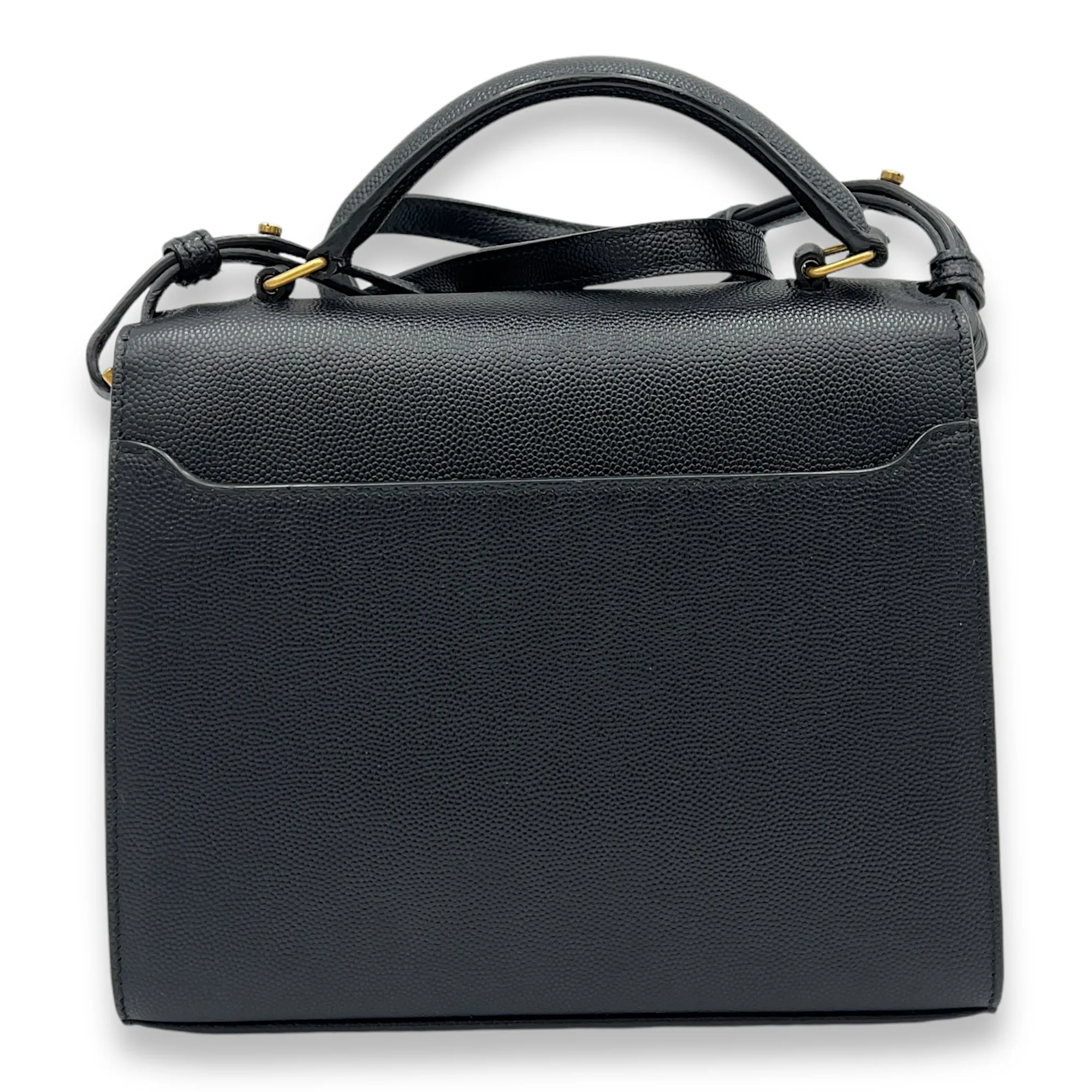 Cassandra Mini Black Top Handle Bag in Caviar Leather, Gold hardware