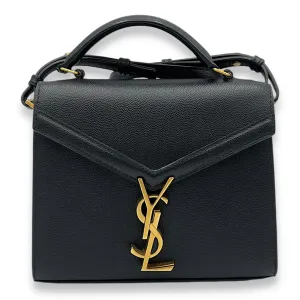 Cassandra Mini Black Top Handle Bag in Caviar Leather, Gold hardware