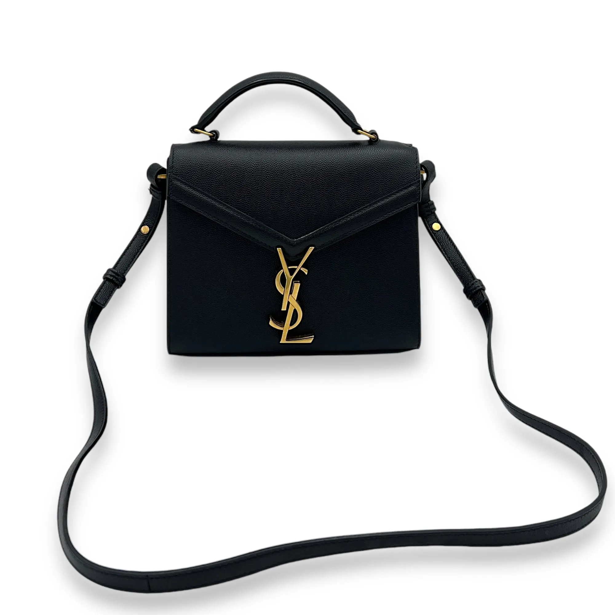 Cassandra Mini Black Top Handle Bag in Caviar Leather, Gold hardware