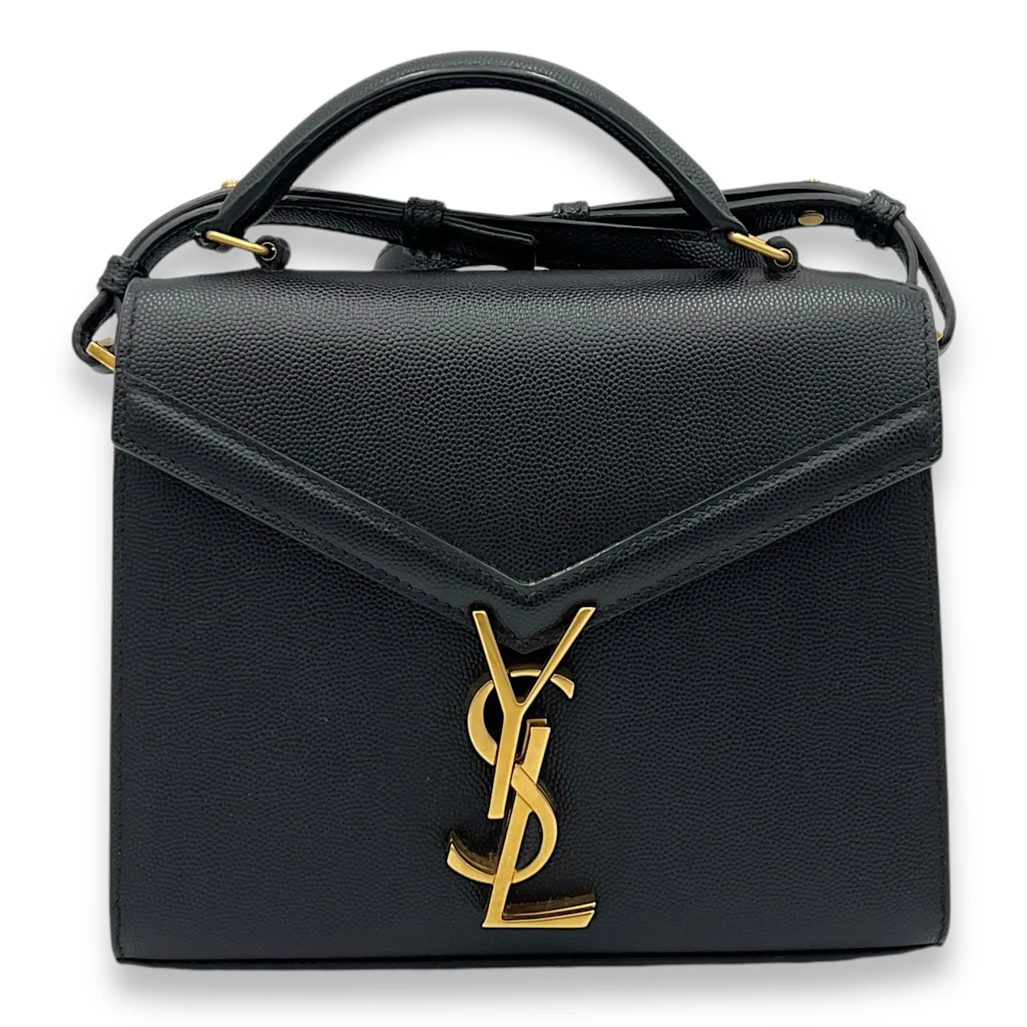 Cassandra Mini Black Top Handle Bag in Caviar Leather, Gold hardware