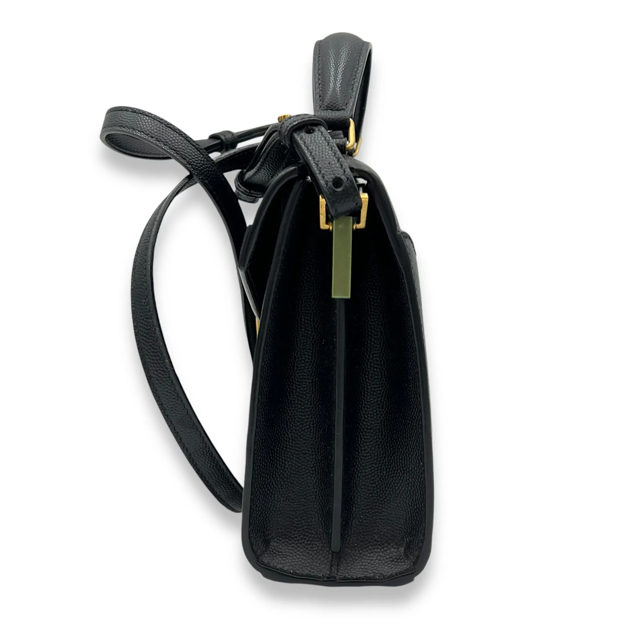 Cassandra Mini Black Top Handle Bag in Caviar Leather, Gold hardware