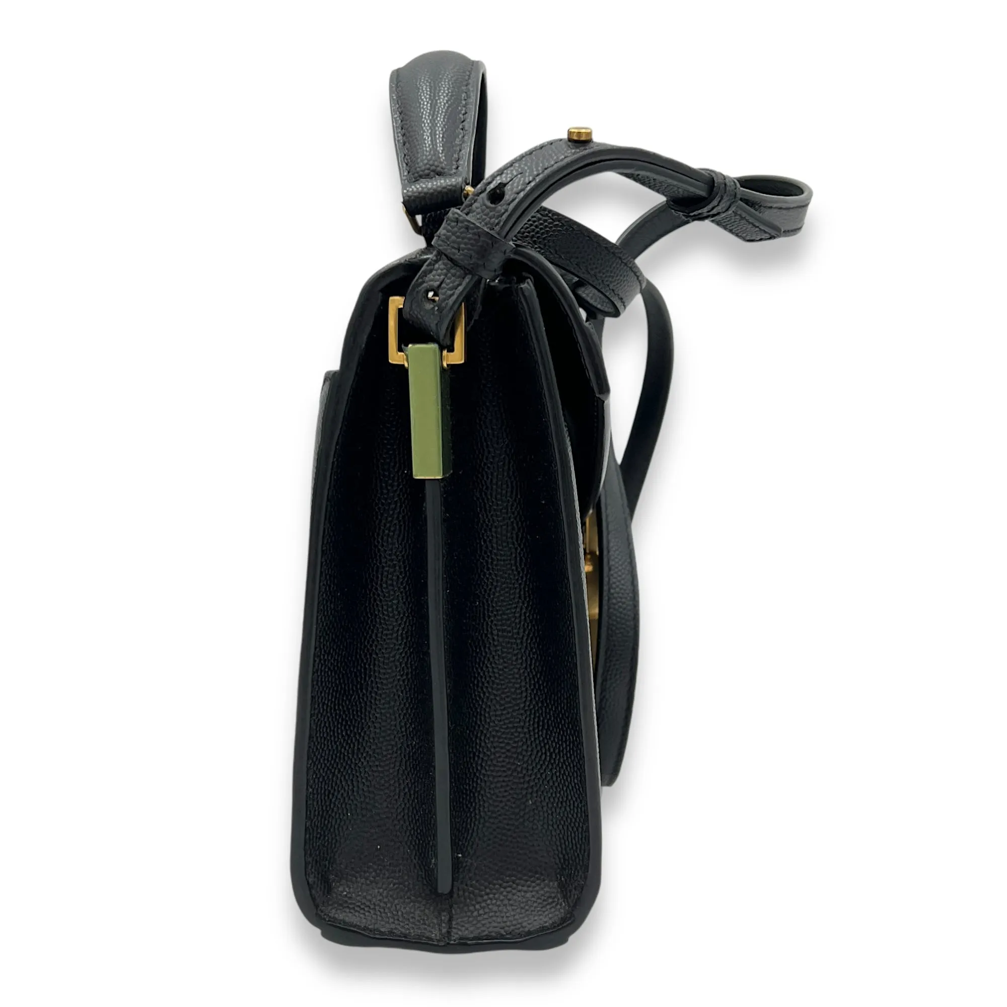 Cassandra Mini Black Top Handle Bag in Caviar Leather, Gold hardware