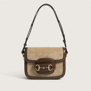 Chic Textured Suspender Strap Flap Front Velvet Shoulder Bag - Khaki