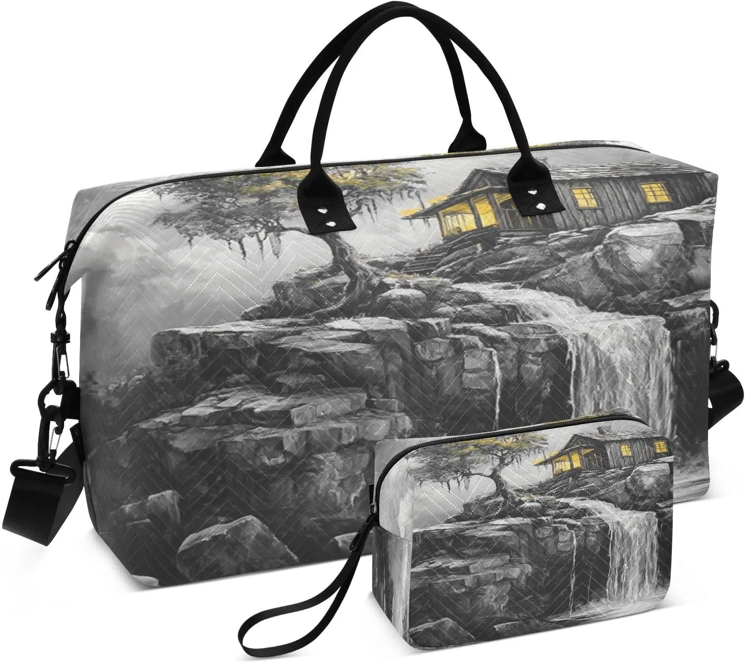 Cliff Cabin Waterfall Gray Sports Gym Bag for Women Men Travel Duffel Bag Weekend Overnight Carry on Bag with Toiletry Bag Workout Dance Bag for Yoga Workout Swimming Hospital Plane