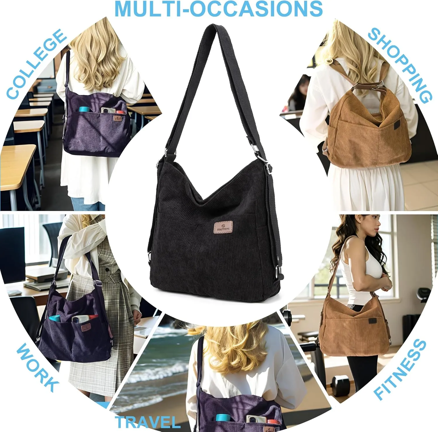 Corduroy Tote Backpack Crossbody Bag for Women, Convertible Shoulder Bags Designer Handbag for College, Work