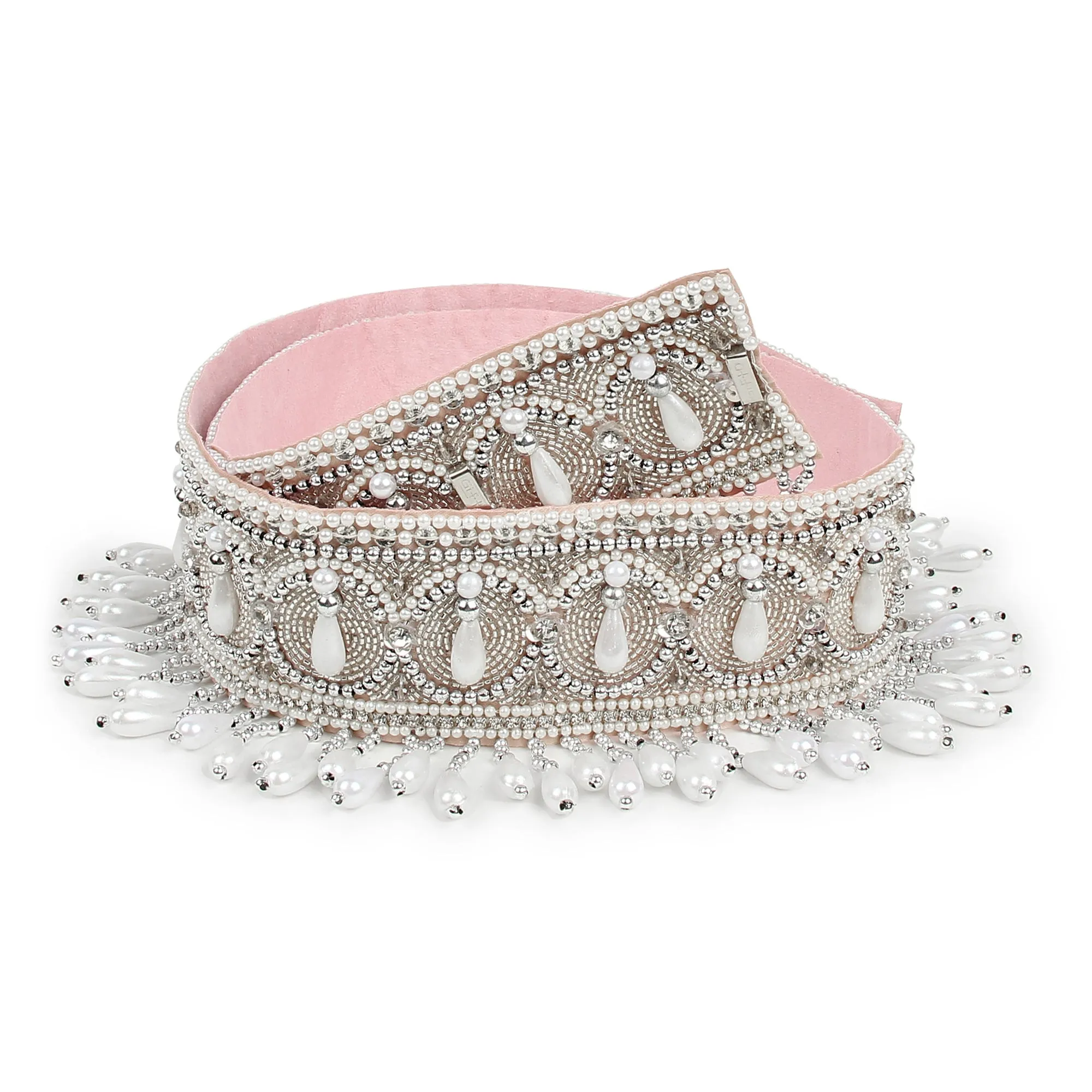 Embroidered Silver Belt, Waist Belt, White Belt , Pearls and Swarovski Crystals