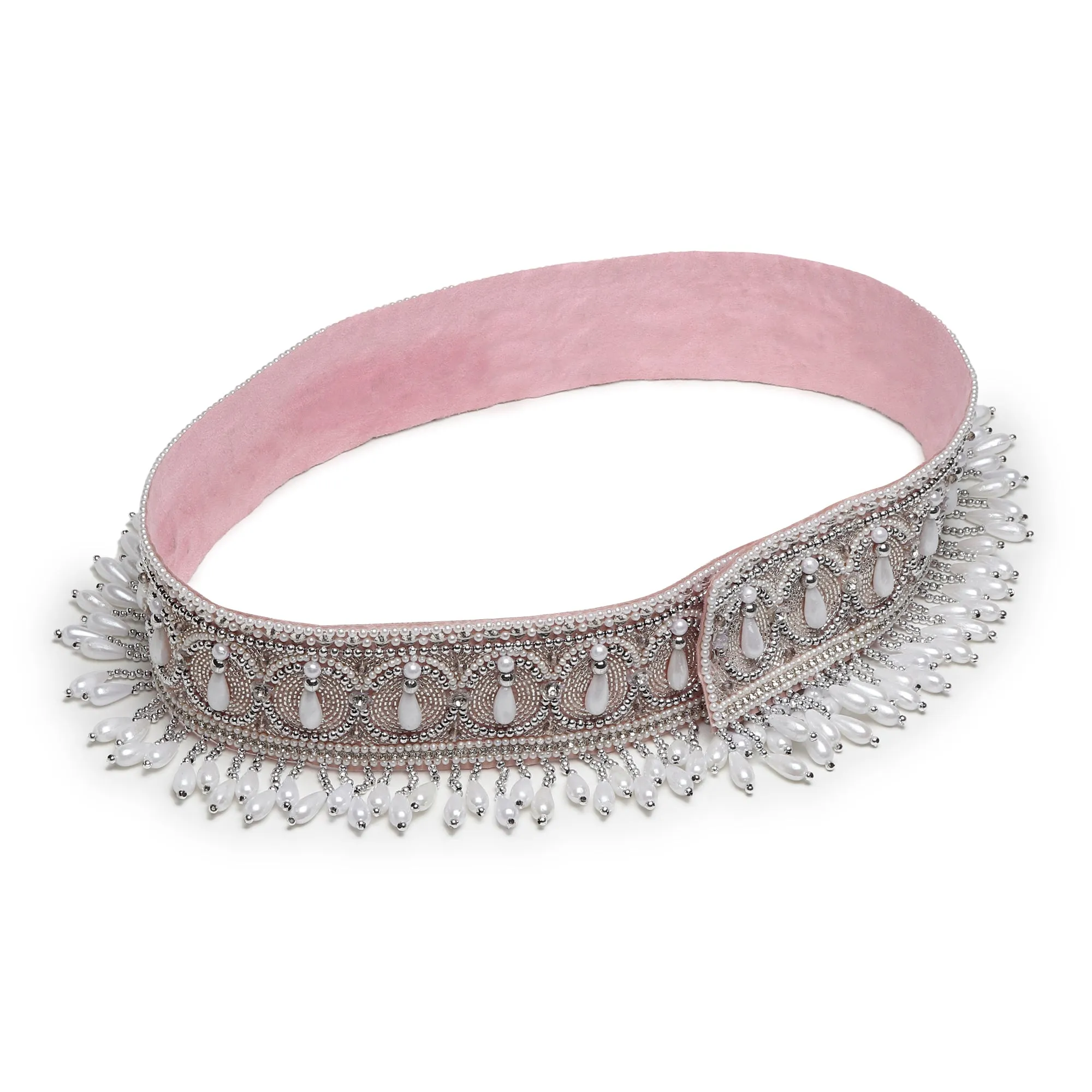 Embroidered Silver Belt, Waist Belt, White Belt , Pearls and Swarovski Crystals
