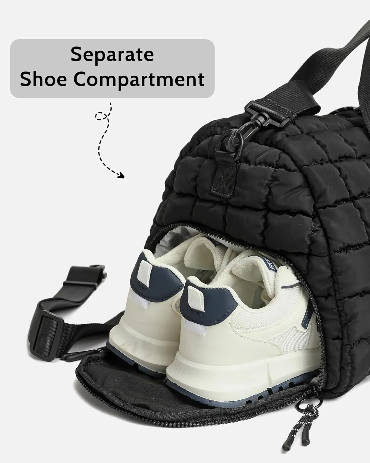 FODOKO Quilted Duffel Bag for Women, Puffer Gym Duffle with Shoe Compartment, Lightweight Large Crossbody Sport Bag Travel Tote, Black