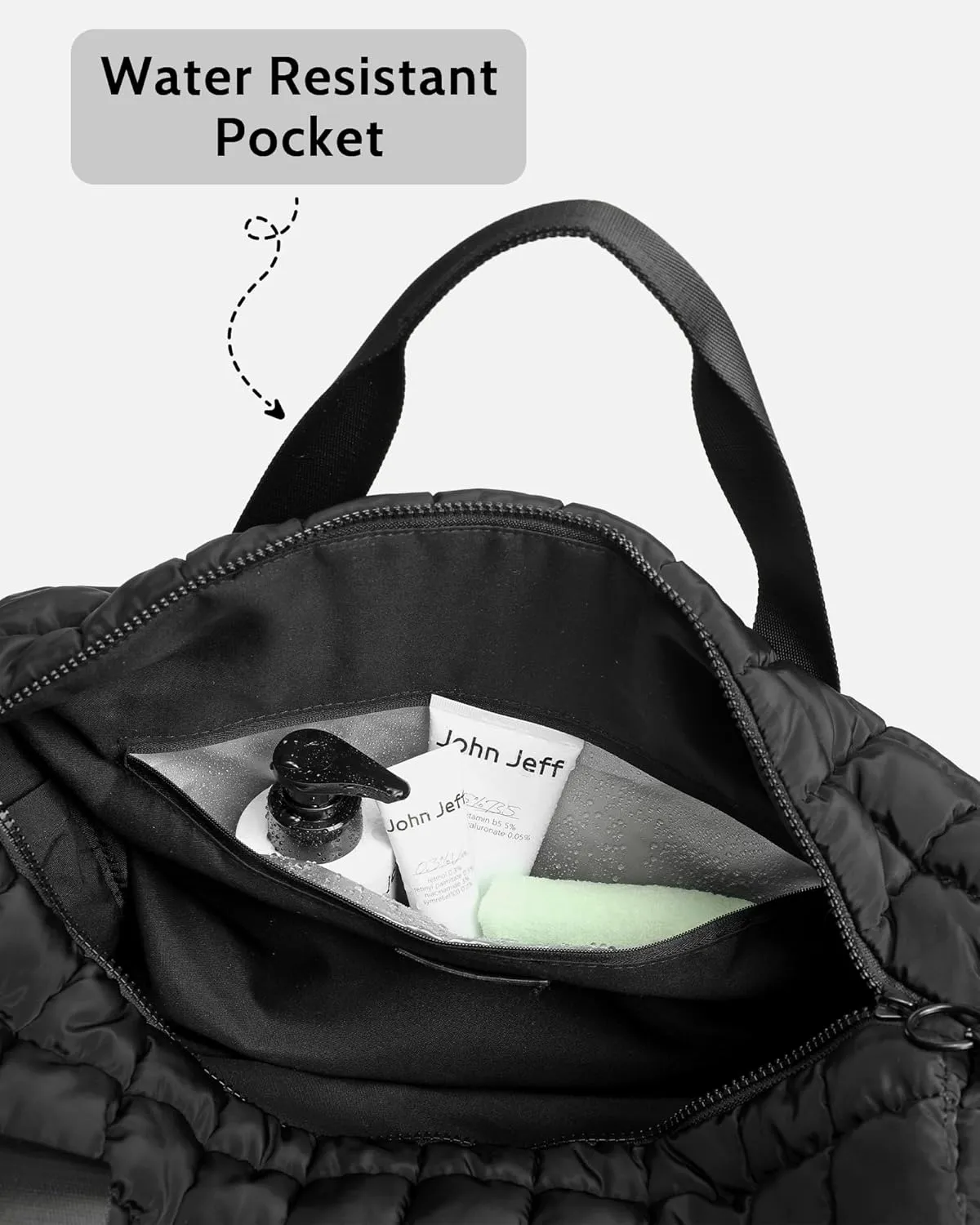 FODOKO Quilted Duffel Bag for Women, Puffer Gym Duffle with Shoe Compartment, Lightweight Large Crossbody Sport Bag Travel Tote, Black