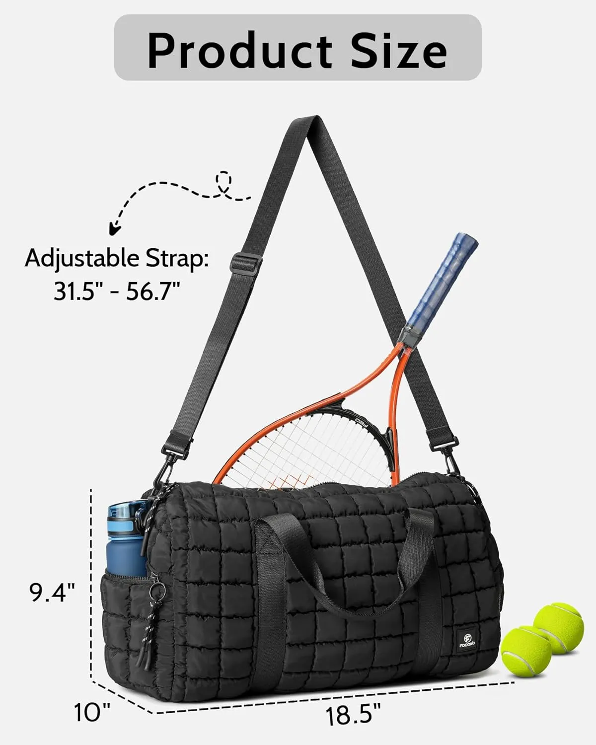 FODOKO Quilted Duffel Bag for Women, Puffer Gym Duffle with Shoe Compartment, Lightweight Large Crossbody Sport Bag Travel Tote, Black