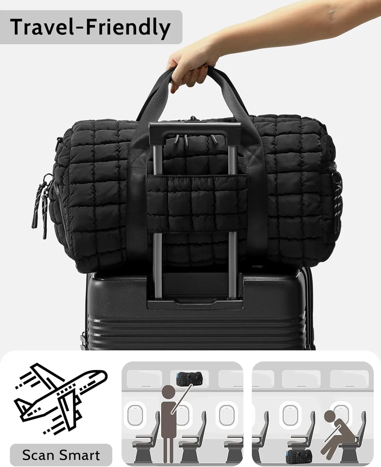 FODOKO Quilted Duffel Bag for Women, Puffer Gym Duffle with Shoe Compartment, Lightweight Large Crossbody Sport Bag Travel Tote, Black