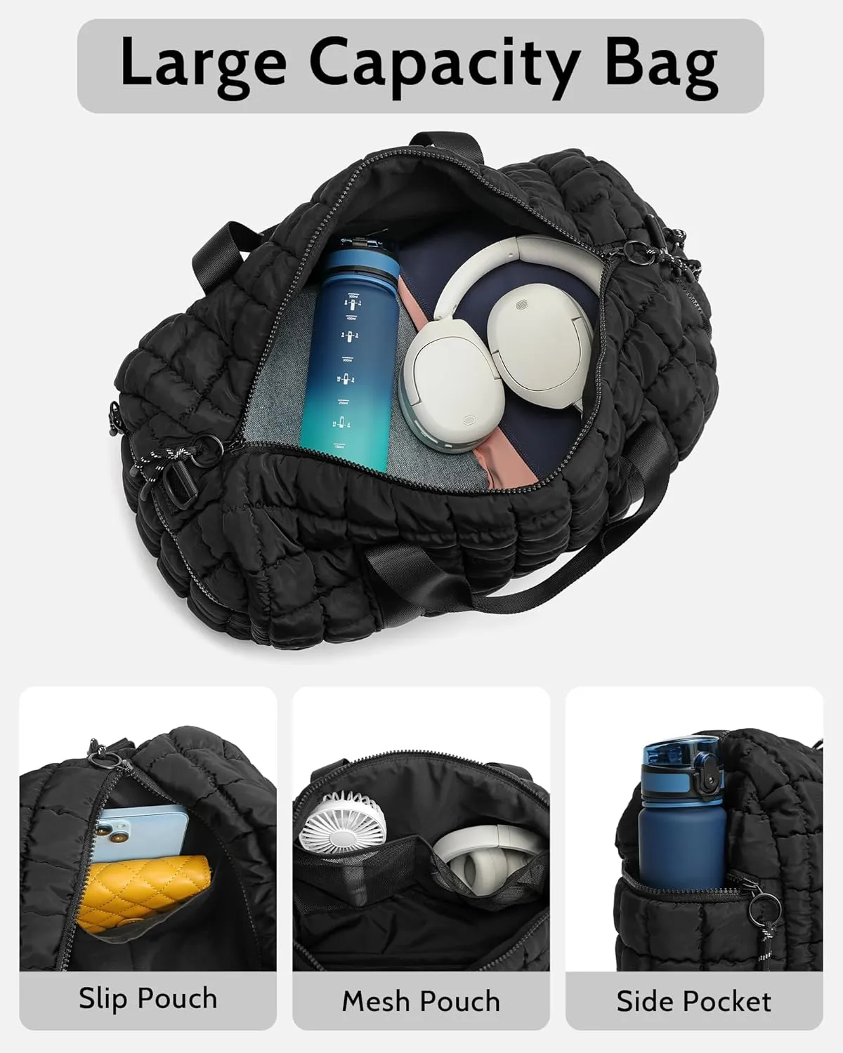 FODOKO Quilted Duffel Bag for Women, Puffer Gym Duffle with Shoe Compartment, Lightweight Large Crossbody Sport Bag Travel Tote, Black