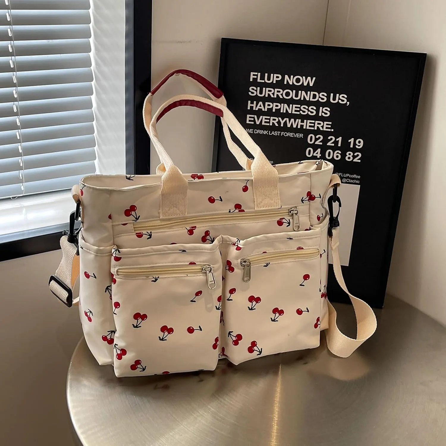 FOTN Cherry Tote Bag for Women, Everyday Work Tote,Large CanvasTote Purse with Multiple Pockets for Travel Daily Use