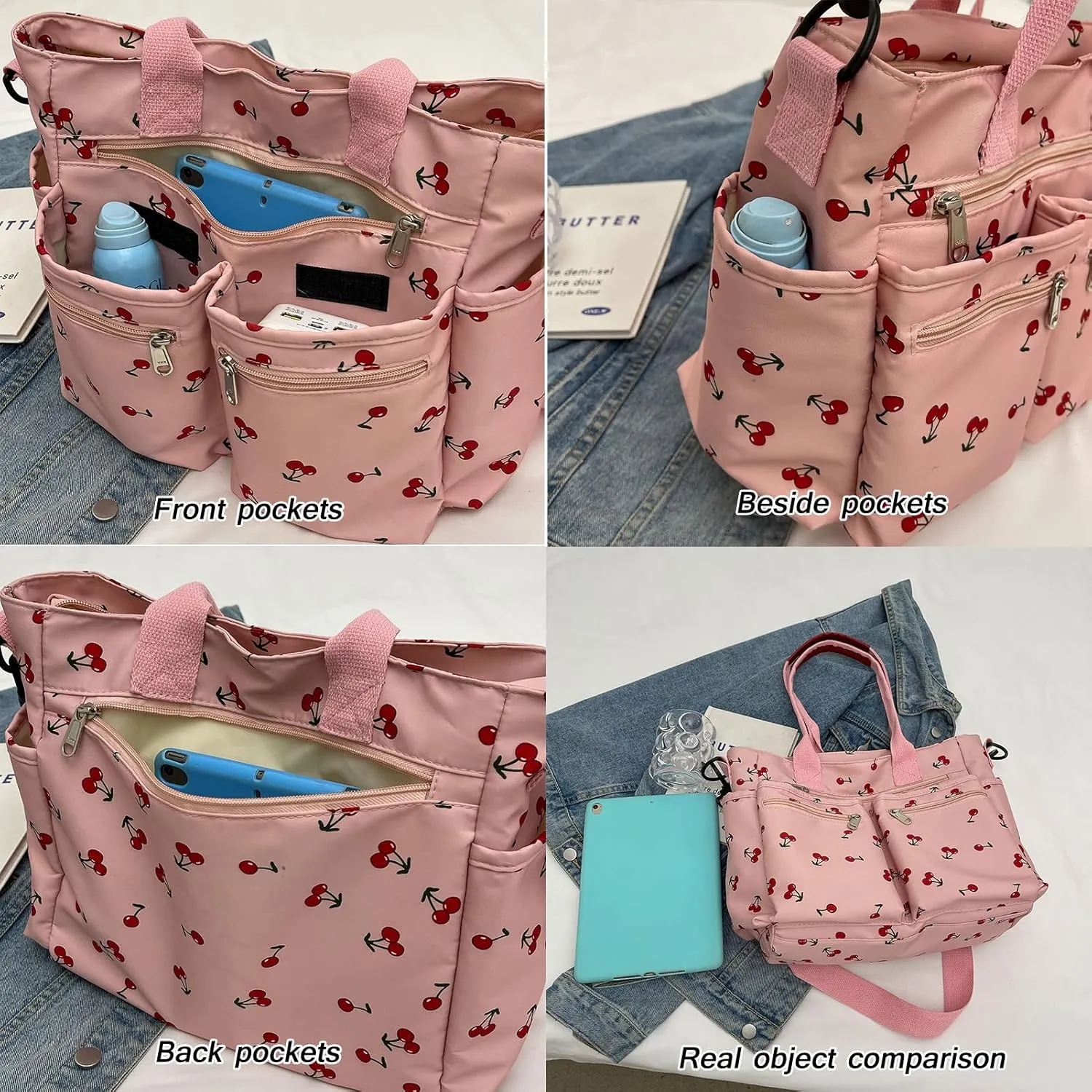 FOTN Cherry Tote Bag for Women, Everyday Work Tote,Large CanvasTote Purse with Multiple Pockets for Travel Daily Use
