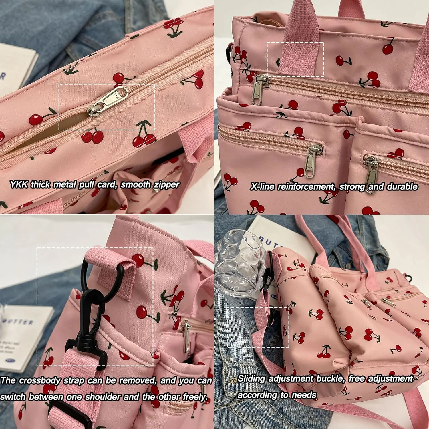 FOTN Cherry Tote Bag for Women, Everyday Work Tote,Large CanvasTote Purse with Multiple Pockets for Travel Daily Use