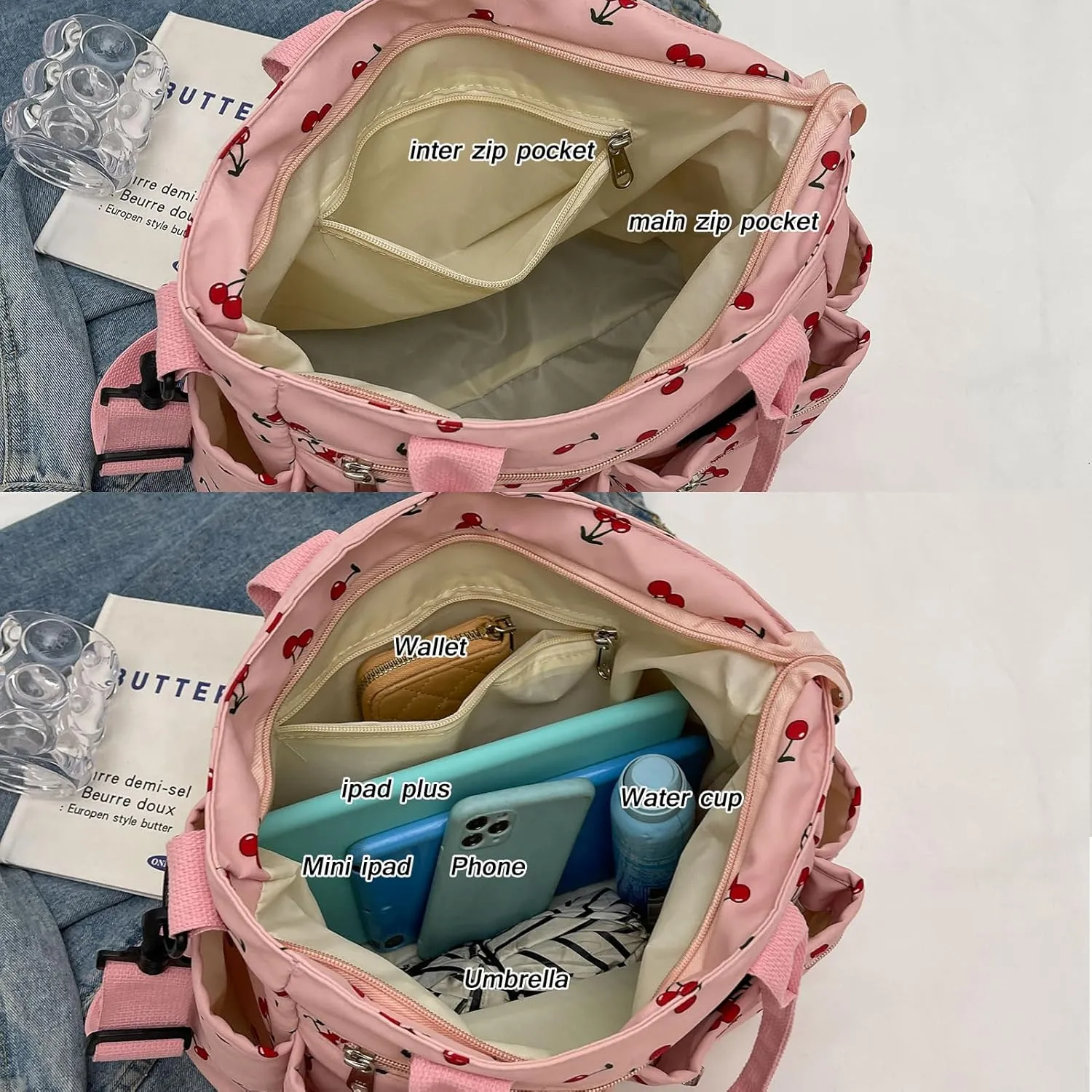 FOTN Cherry Tote Bag for Women, Everyday Work Tote,Large CanvasTote Purse with Multiple Pockets for Travel Daily Use