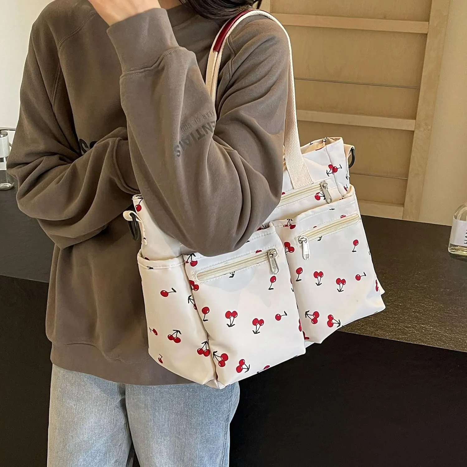 FOTN Cherry Tote Bag for Women, Everyday Work Tote,Large CanvasTote Purse with Multiple Pockets for Travel Daily Use