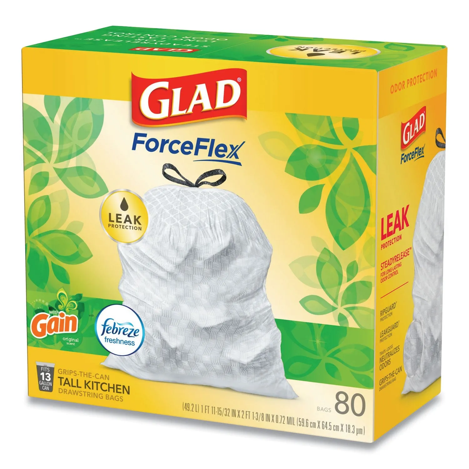 Glad Odorshield Tall Kitchen Drawstring Bags, 13 Gal, 0.95 Mil, 24" X 27.38", White, 80/Box - CLO78900BX