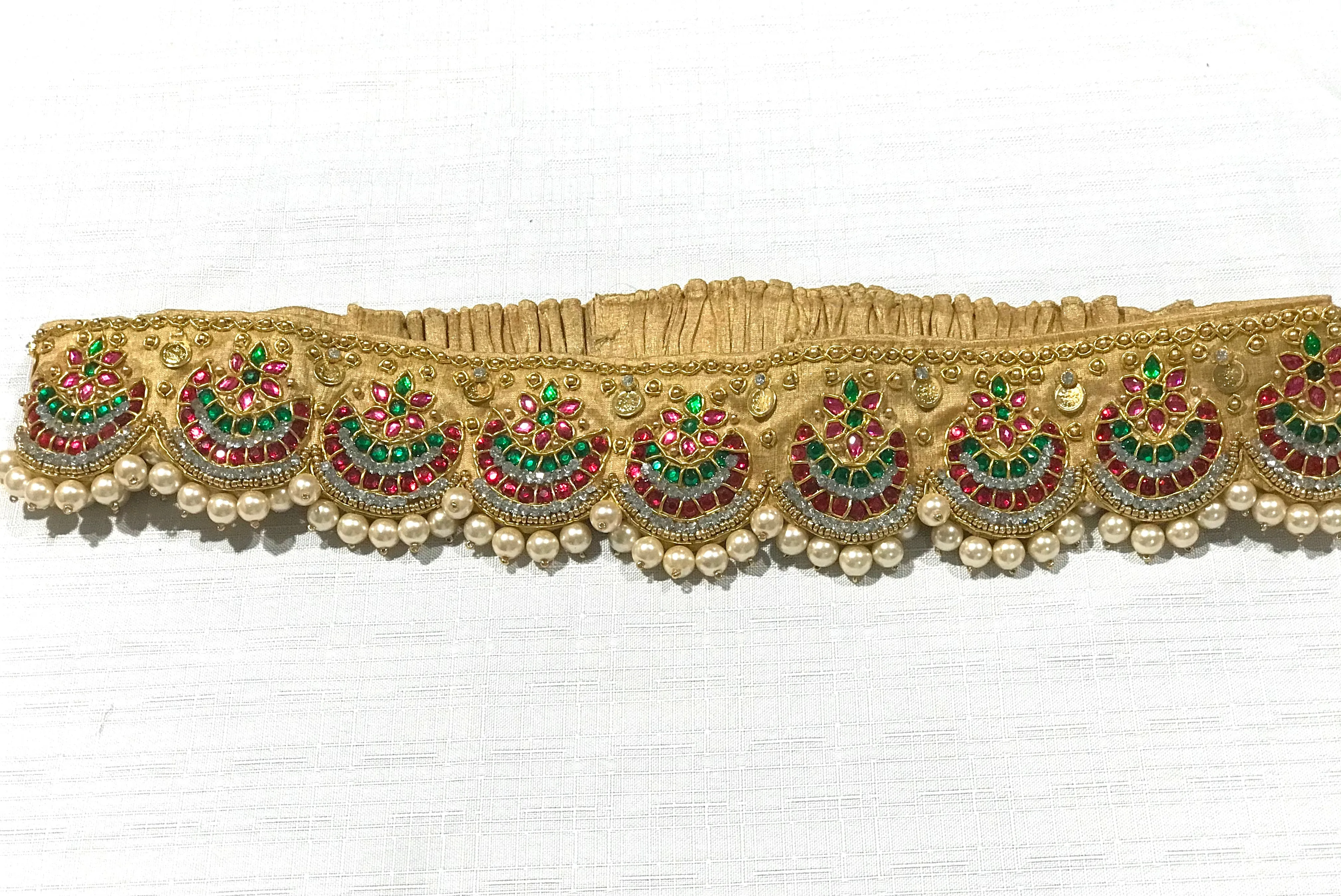 Gold Multi Color Kundan & Pearl Work Raw Silk Waist Belt