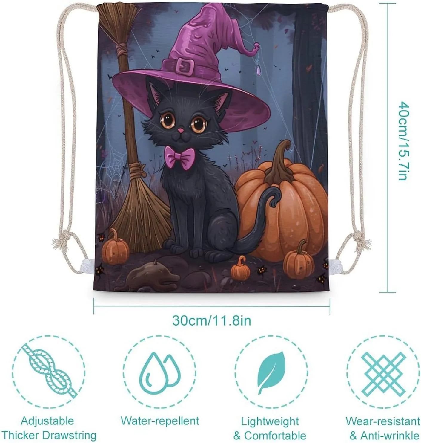 Halloween Cat Pumpkin Lantern Drawstring Backpack Gym Bag Pull String Sport Bag for Women And Men 30x40cm