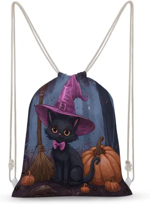 Halloween Cat Pumpkin Lantern Drawstring Backpack Gym Bag Pull String Sport Bag for Women And Men 30x40cm