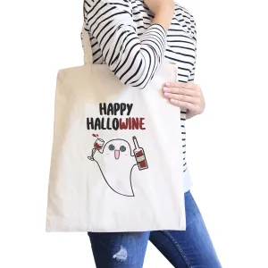 Happy Hallowine Ghost Wine Natural Canvas Bags