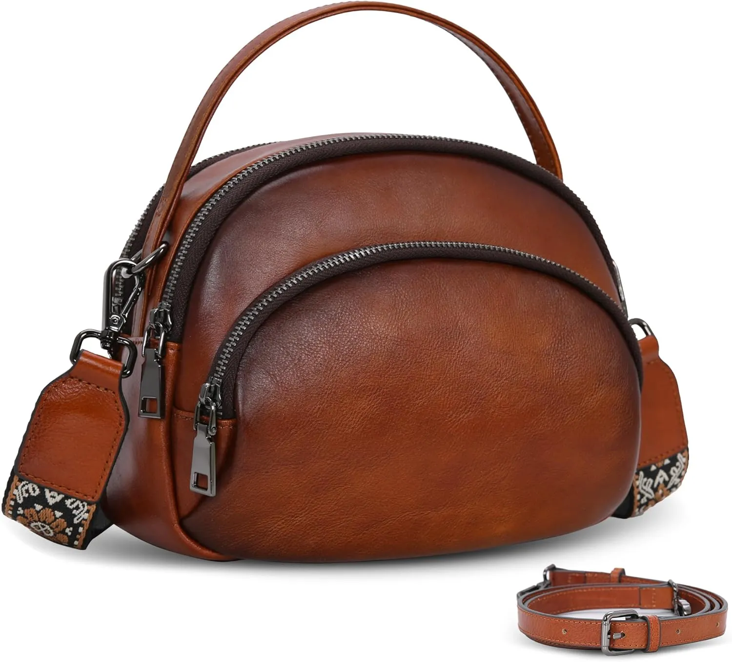 HESHE Leather Crossbody Bag for Women Multi Zippered Pockets Purse Shoulder Handbags with Guitar Strap Everyday Purse