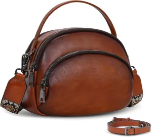 HESHE Leather Crossbody Bag for Women Multi Zippered Pockets Purse Shoulder Handbags with Guitar Strap Everyday Purse