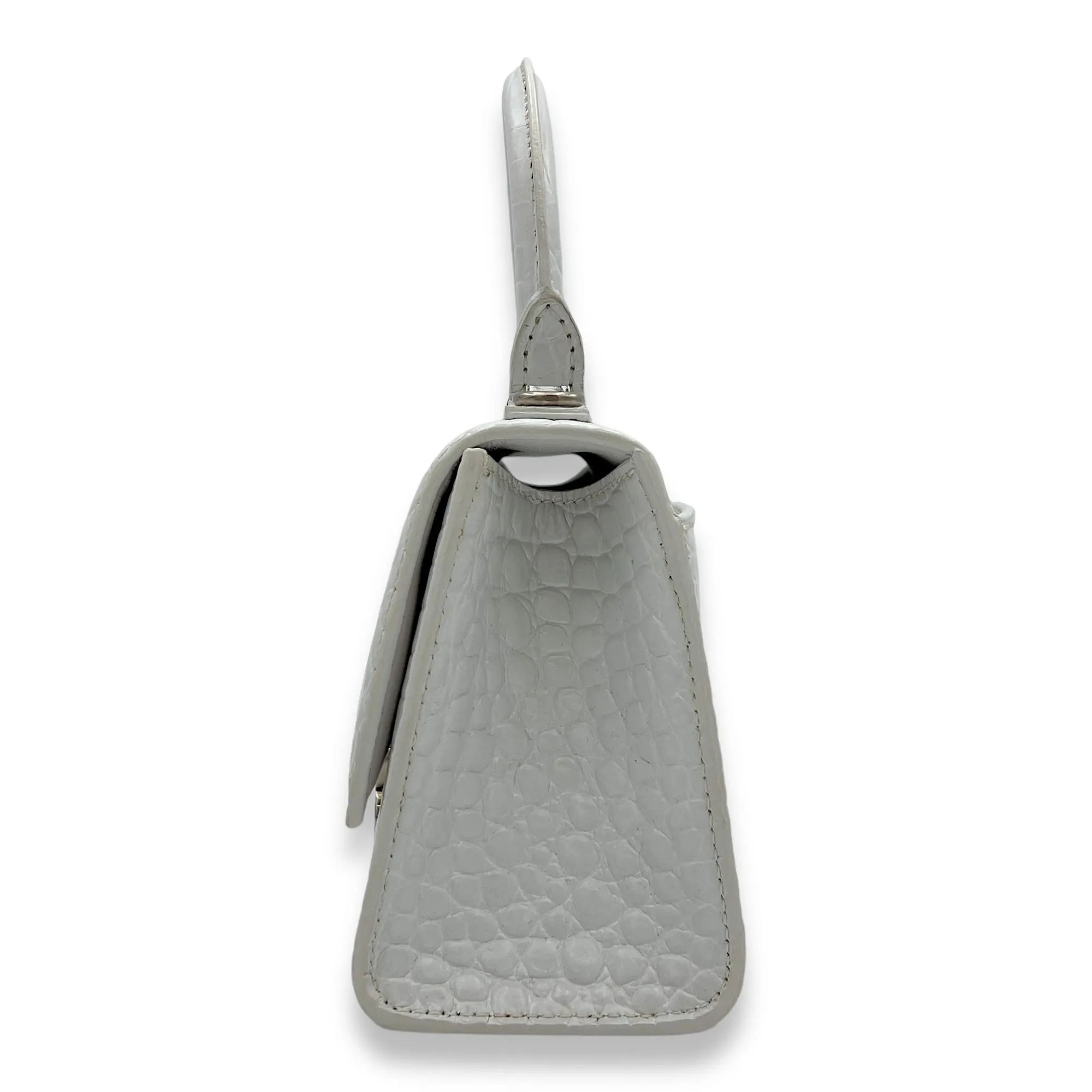 Hourglass XS White Top Handle Bag in Crocodile Embossed Calfskin, Silver hardware