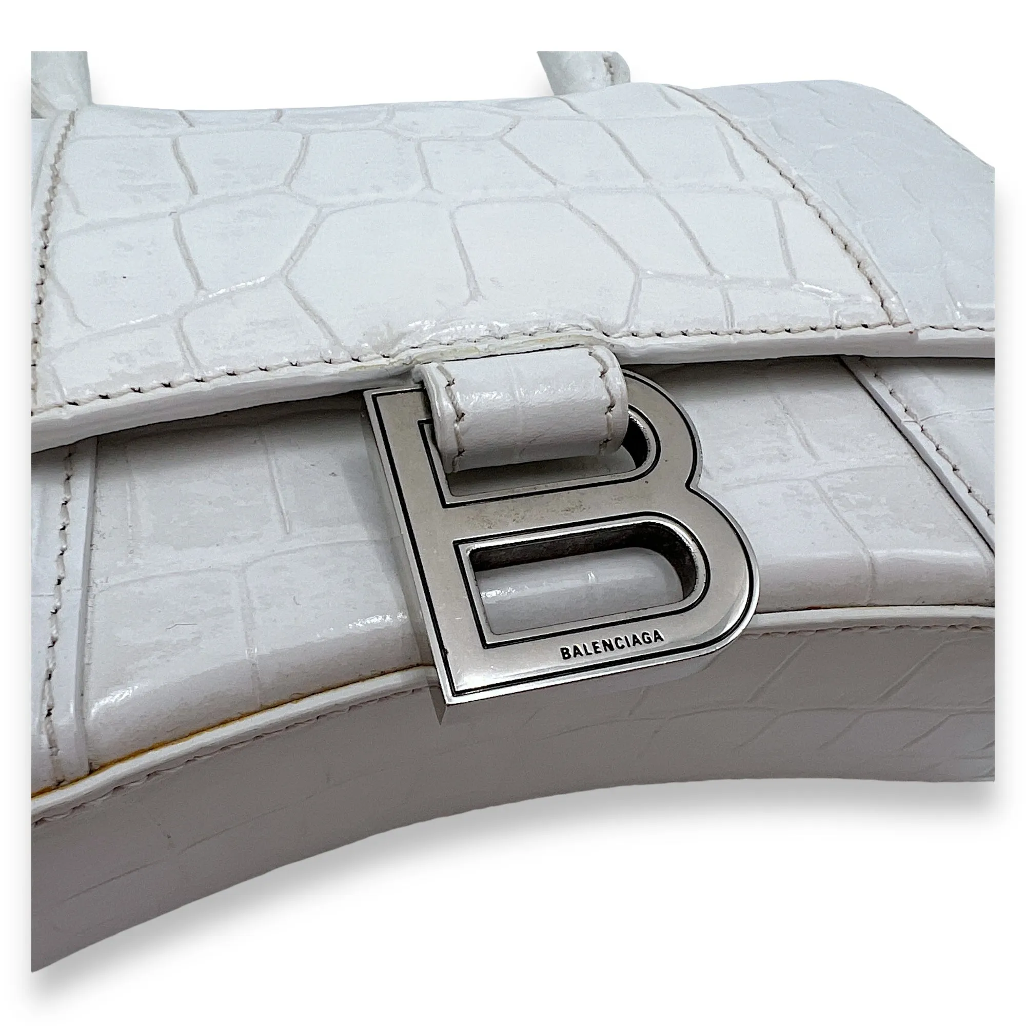 Hourglass XS White Top Handle Bag in Crocodile Embossed Calfskin, Silver hardware