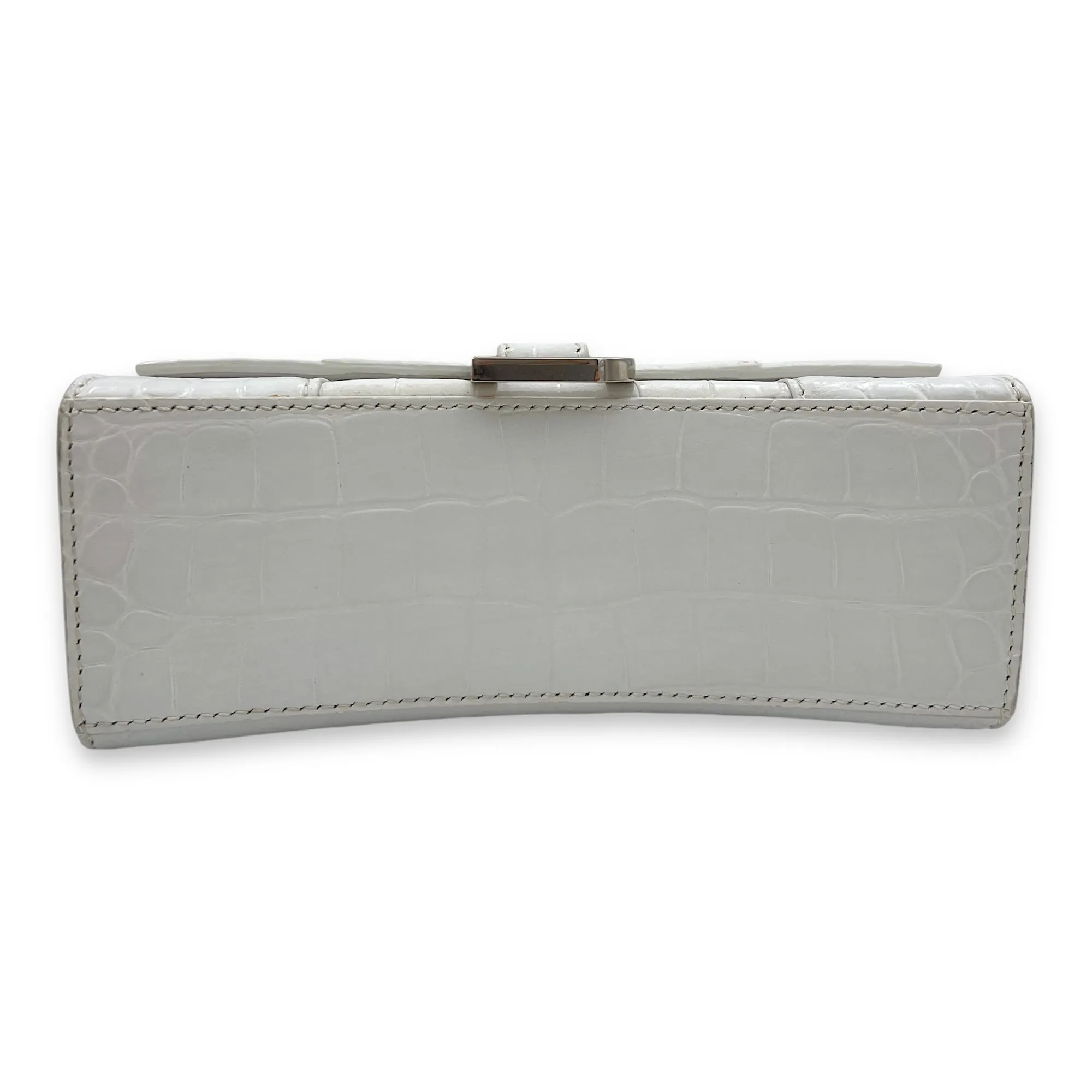 Hourglass XS White Top Handle Bag in Crocodile Embossed Calfskin, Silver hardware