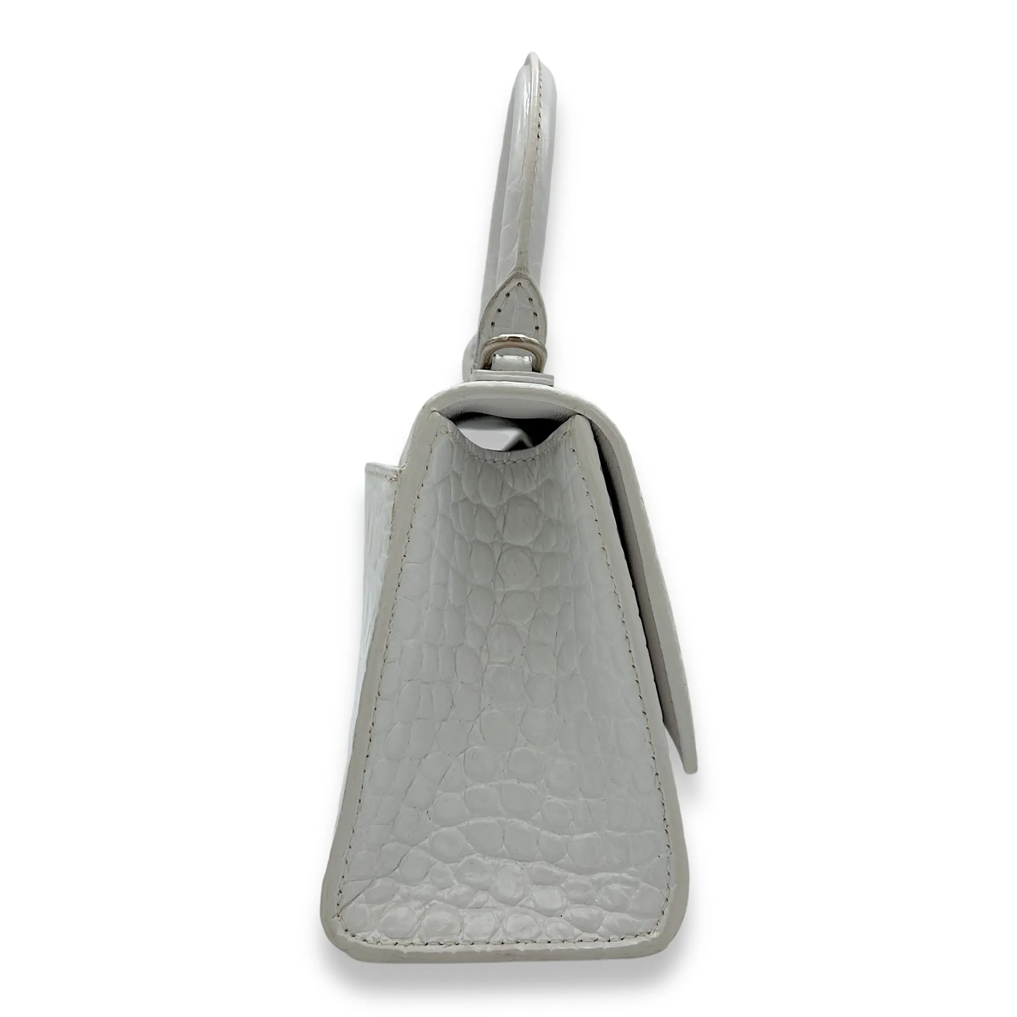 Hourglass XS White Top Handle Bag in Crocodile Embossed Calfskin, Silver hardware
