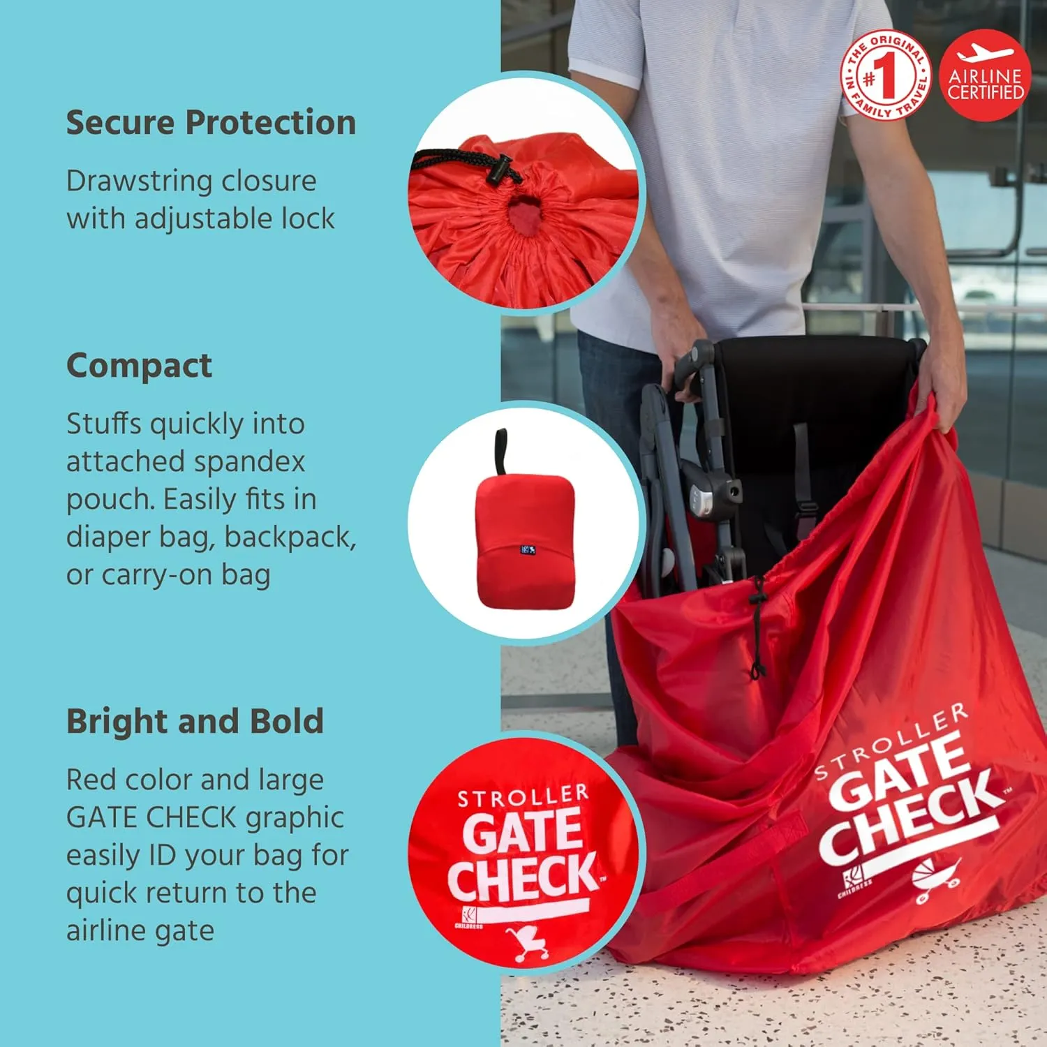J.L. Childress Gate Check Bag for Single & Double Strollers - Travel Bag for Airplane, Fits Most Standard Baby Strollers, Airport Accessories for Gate Check, Flying Essentials - Red