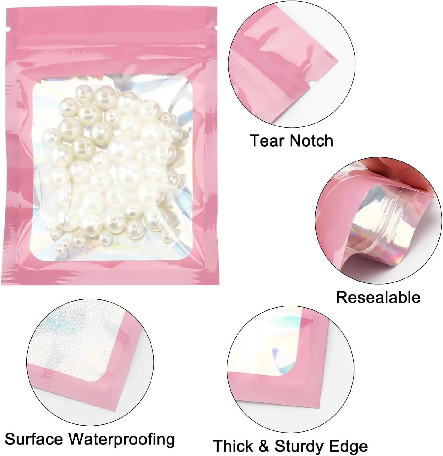 joycraft 100 Pcs Mylar Bags, Holographic Packaging Bags, Resealable Smell Proof Bags, Jewelry Pouch Bag for Small Business, Clear Foil Pouch Bag for Candy, Data Cable, Lipgloss(Pink, 4x6 In)
