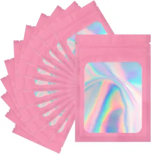 joycraft 100 Pcs Mylar Bags, Holographic Packaging Bags, Resealable Smell Proof Bags, Jewelry Pouch Bag for Small Business, Clear Foil Pouch Bag for Candy, Data Cable, Lipgloss(Pink, 4x6 In)