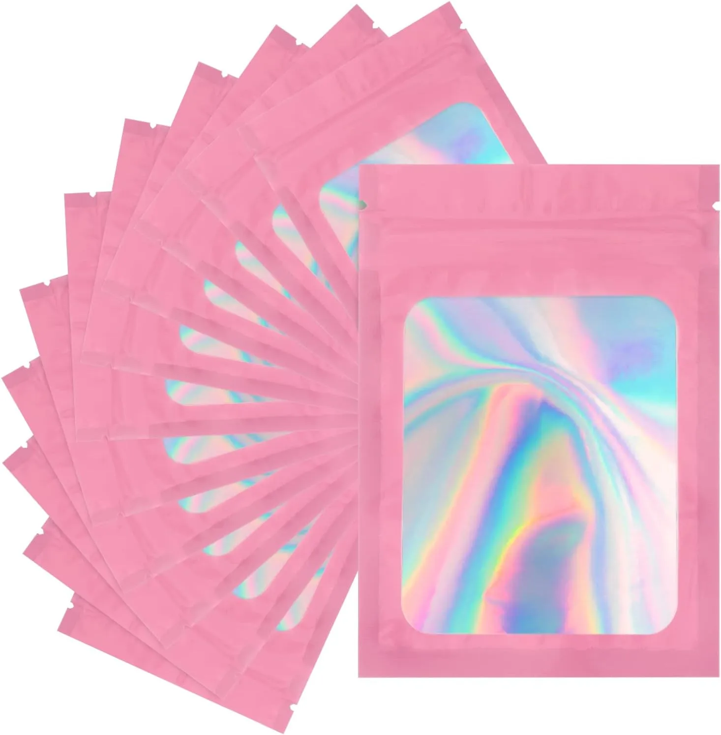 joycraft 100 Pcs Mylar Bags, Holographic Packaging Bags, Resealable Smell Proof Bags, Jewelry Pouch Bag for Small Business, Clear Foil Pouch Bag for Candy, Data Cable, Lipgloss(Pink, 4x6 In)