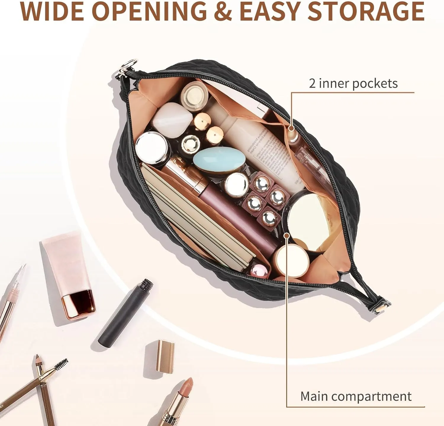 Large Makeup Bag Travel Cosmetic, Wide-open Cute Cosmetic Bag Make Up Organizer for Women for Travel-Size Toiletries Accessories Bottles, Black