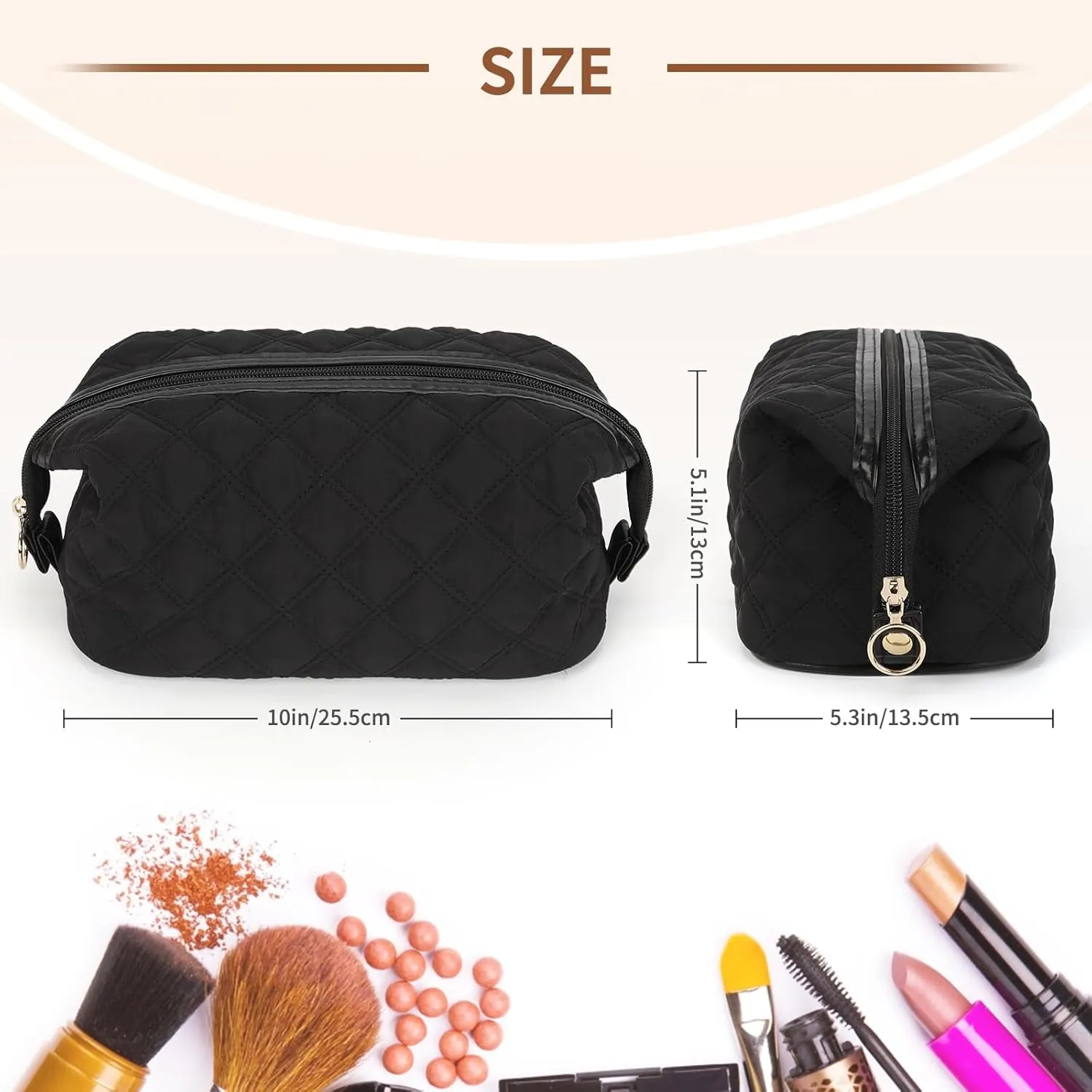 Large Makeup Bag Travel Cosmetic, Wide-open Cute Cosmetic Bag Make Up Organizer for Women for Travel-Size Toiletries Accessories Bottles, Black
