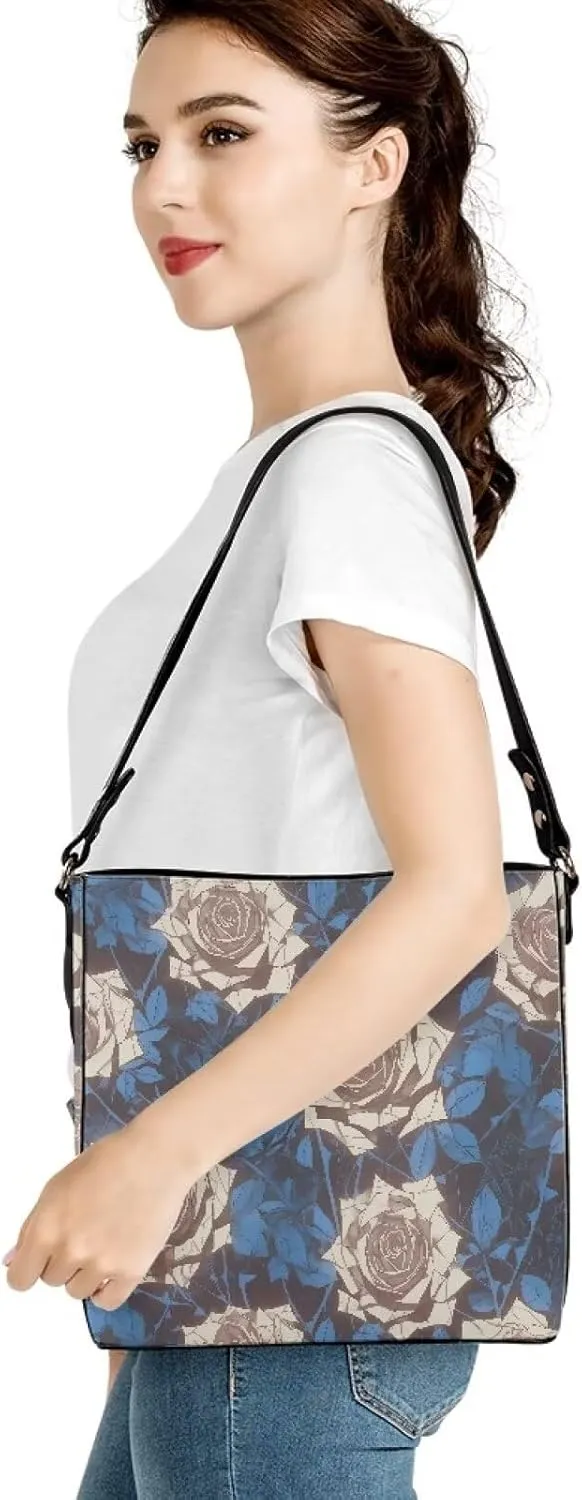 Leather Bucket Tote Bag Purse for Work, Rustic Style Floral Women PU Leather Purse Cross Body Handbag Top Handle