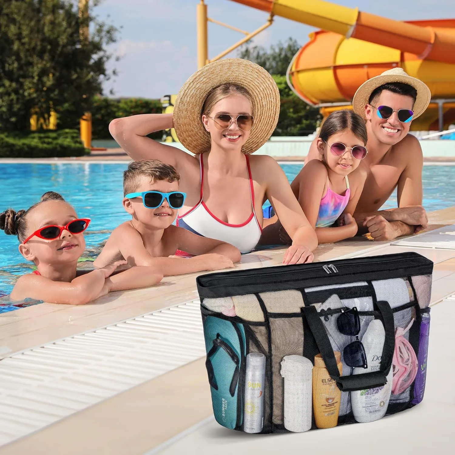 Lifewit Mesh Tote Bags for Women, Extra Large Mesh Tote Bags with Zipper and Pockets, Lightweight Shower Caddy, Beach Essentials for Family, Pool Bag Basket for Women Vacation, Swimmers Black