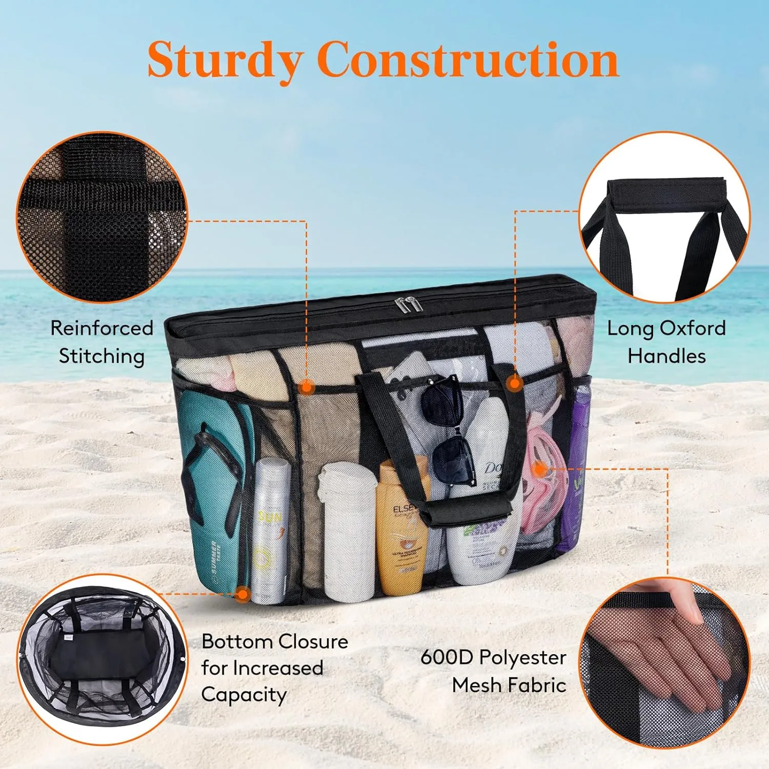 Lifewit Mesh Tote Bags for Women, Extra Large Mesh Tote Bags with Zipper and Pockets, Lightweight Shower Caddy, Beach Essentials for Family, Pool Bag Basket for Women Vacation, Swimmers Black