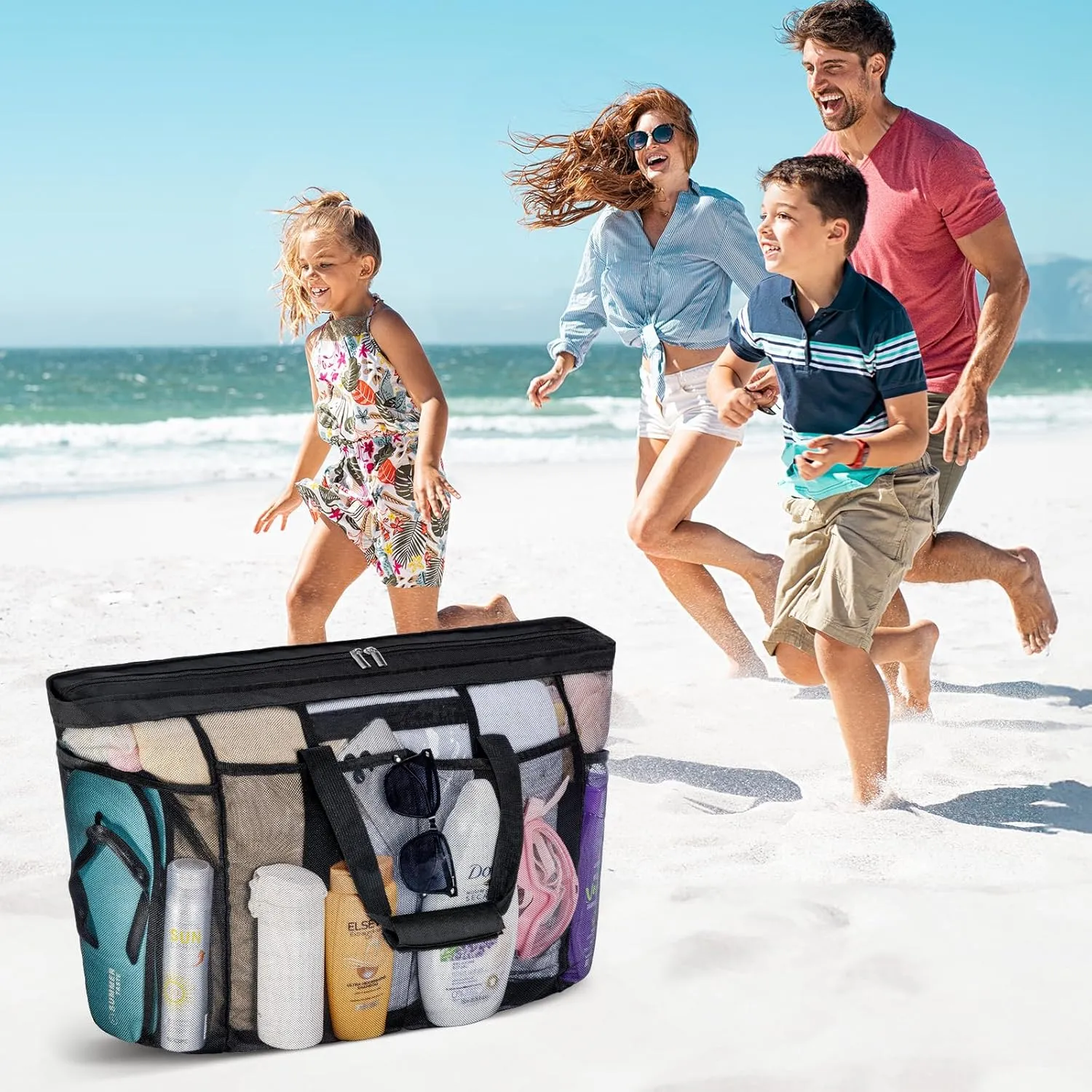 Lifewit Mesh Tote Bags for Women, Extra Large Mesh Tote Bags with Zipper and Pockets, Lightweight Shower Caddy, Beach Essentials for Family, Pool Bag Basket for Women Vacation, Swimmers Black