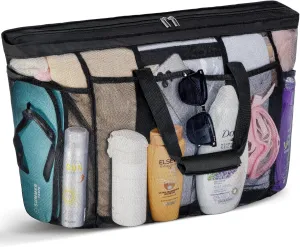 Lifewit Mesh Tote Bags for Women, Extra Large Mesh Tote Bags with Zipper and Pockets, Lightweight Shower Caddy, Beach Essentials for Family, Pool Bag Basket for Women Vacation, Swimmers Black