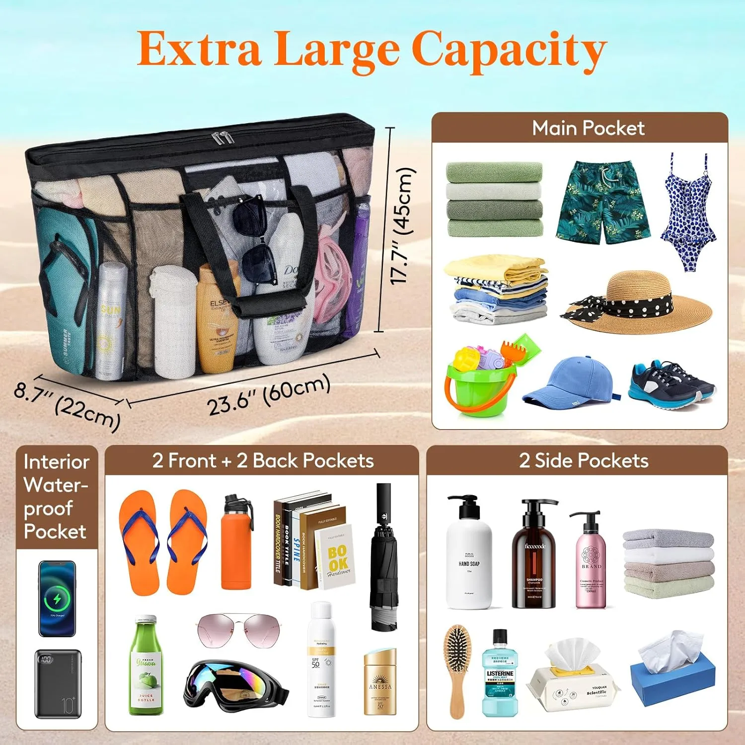 Lifewit Mesh Tote Bags for Women, Extra Large Mesh Tote Bags with Zipper and Pockets, Lightweight Shower Caddy, Beach Essentials for Family, Pool Bag Basket for Women Vacation, Swimmers Black