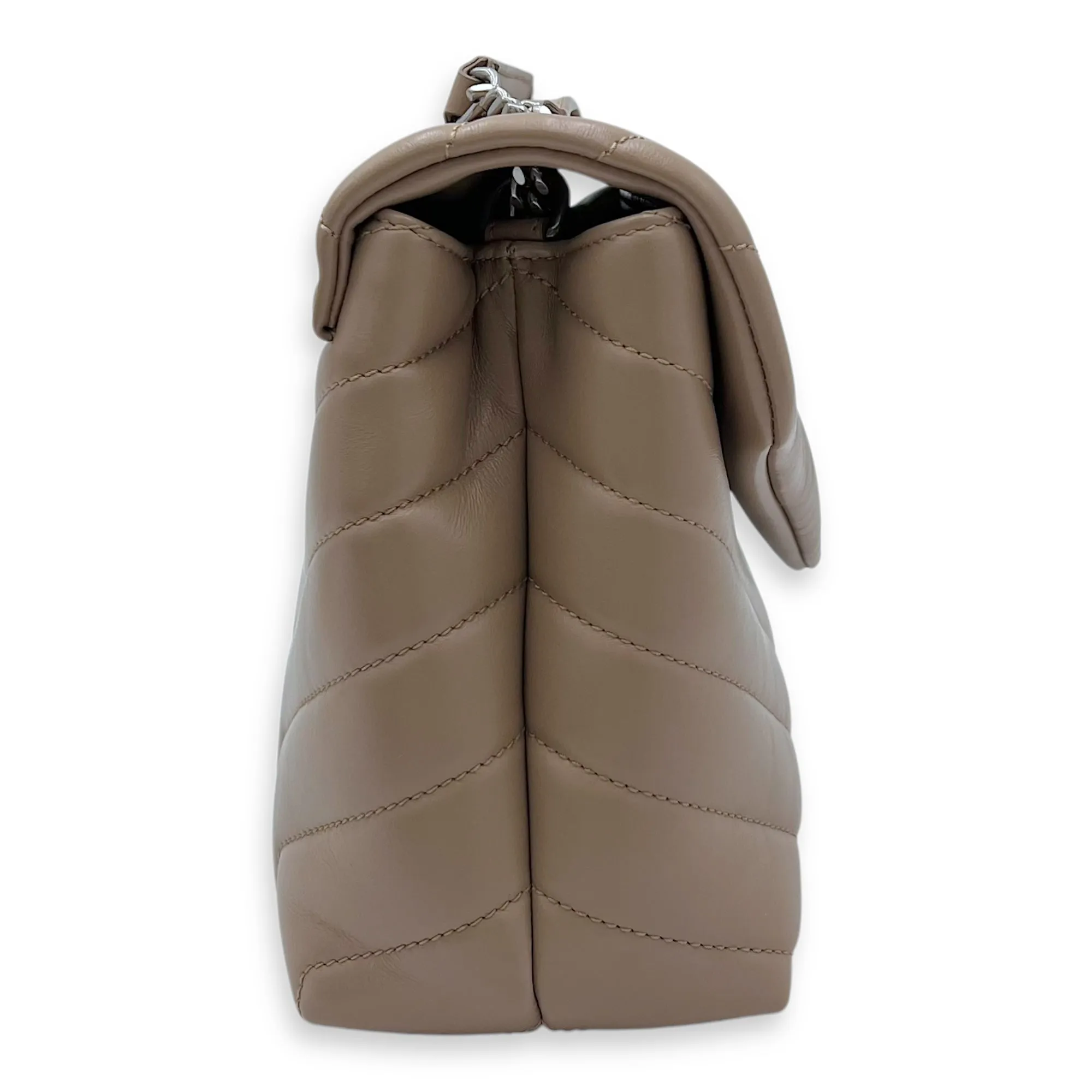 Loulou Small Beige Shoulder Bag in Calfskin, Silver hardware