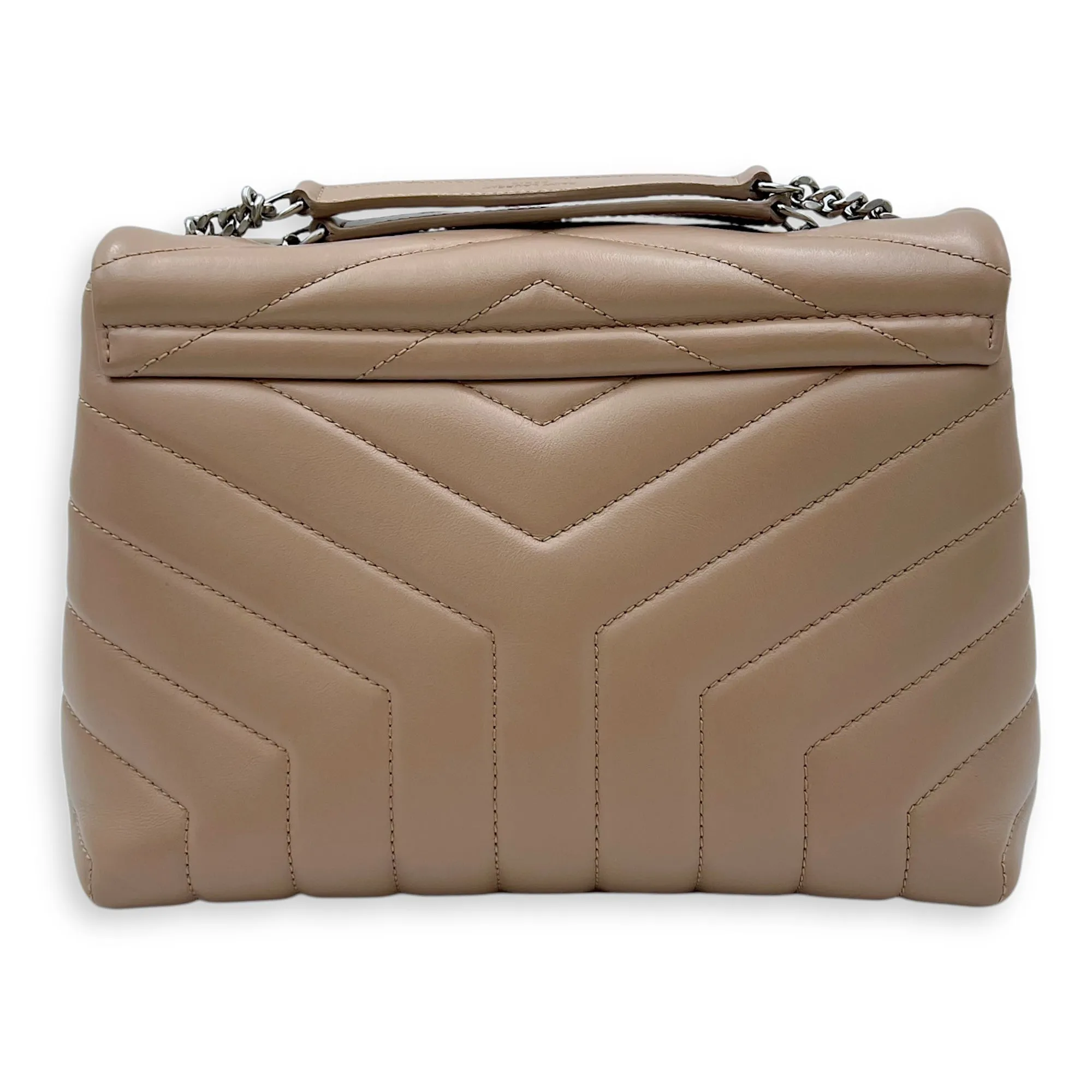 Loulou Small Beige Shoulder Bag in Calfskin, Silver hardware